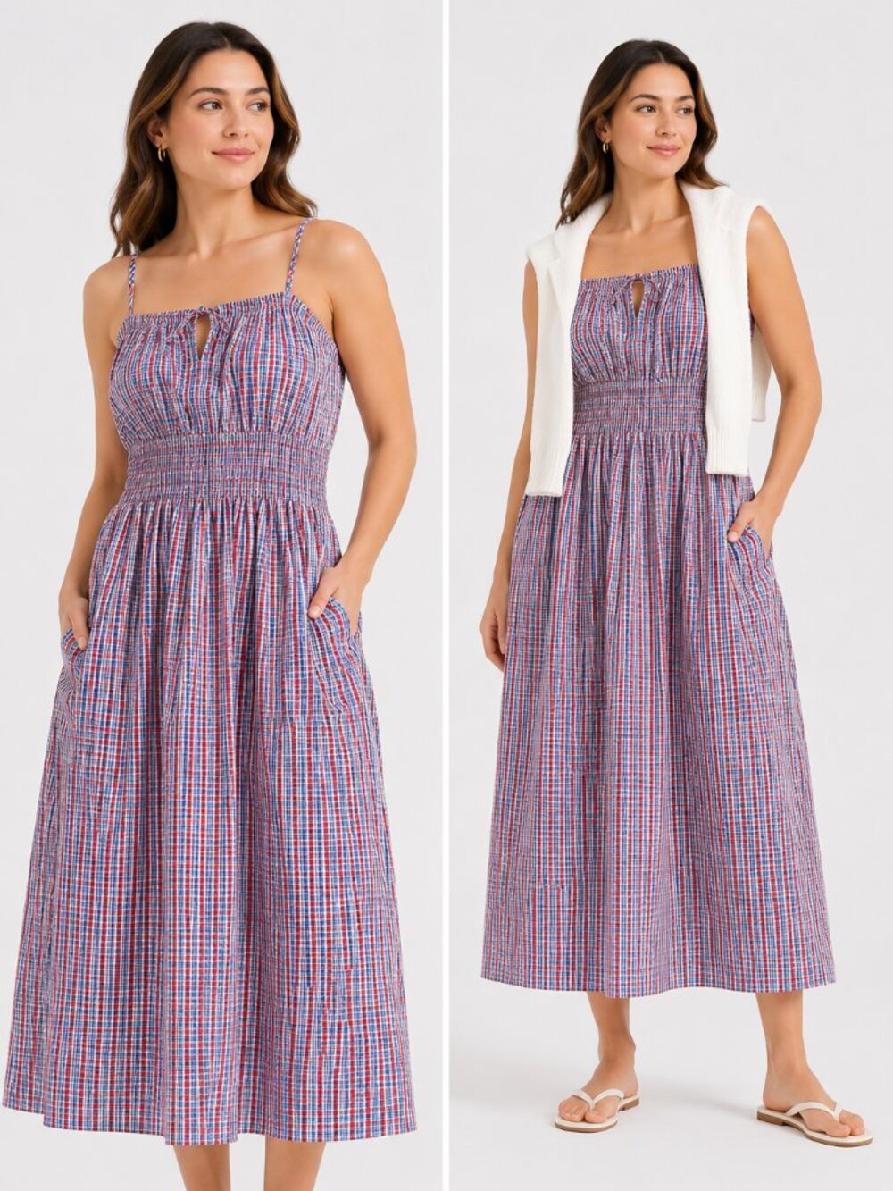 NWT Universal Thread Gingham Plaid Maxi Sundress With Pockets Red Blue XS